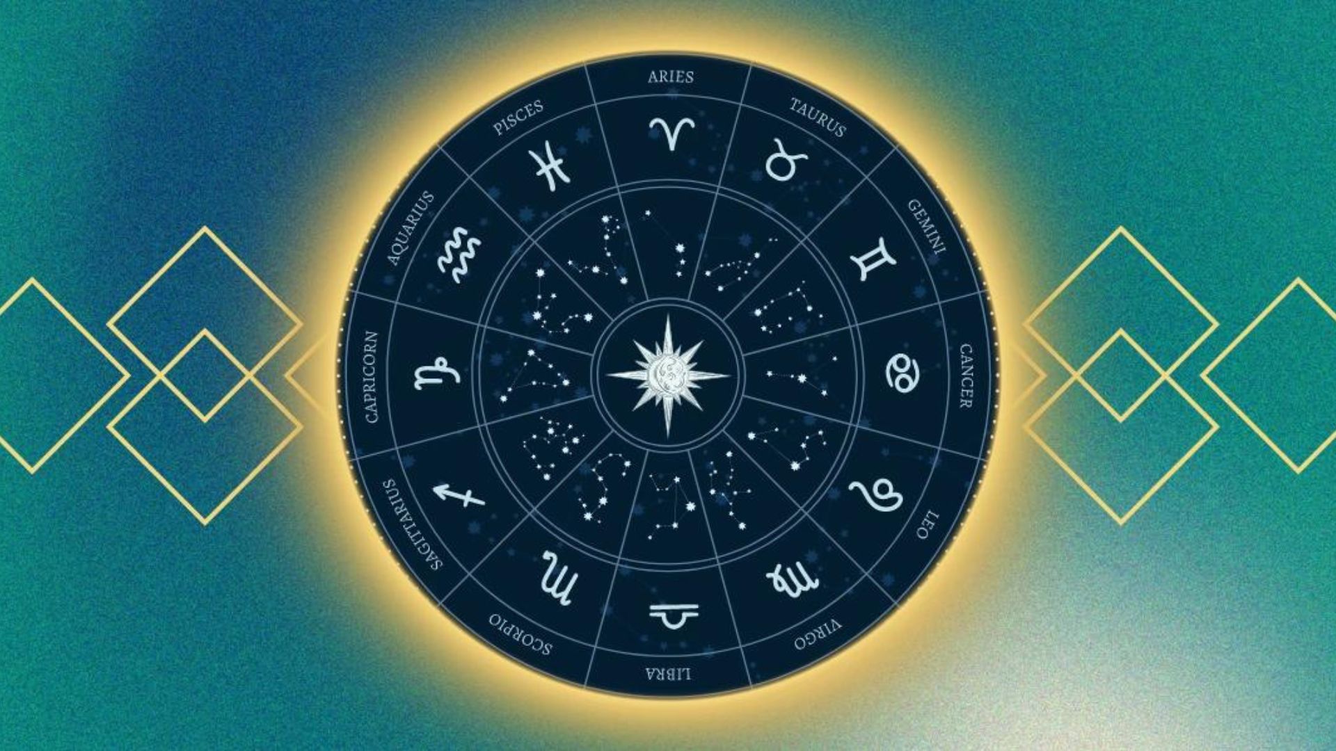 Zodiac Signs In Circle And Sun In Center Of Circle