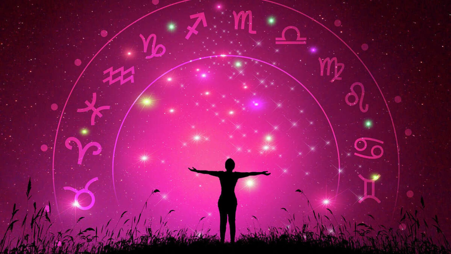 A Man Standing InFront Of Pink Color Zodiac Sign Circle