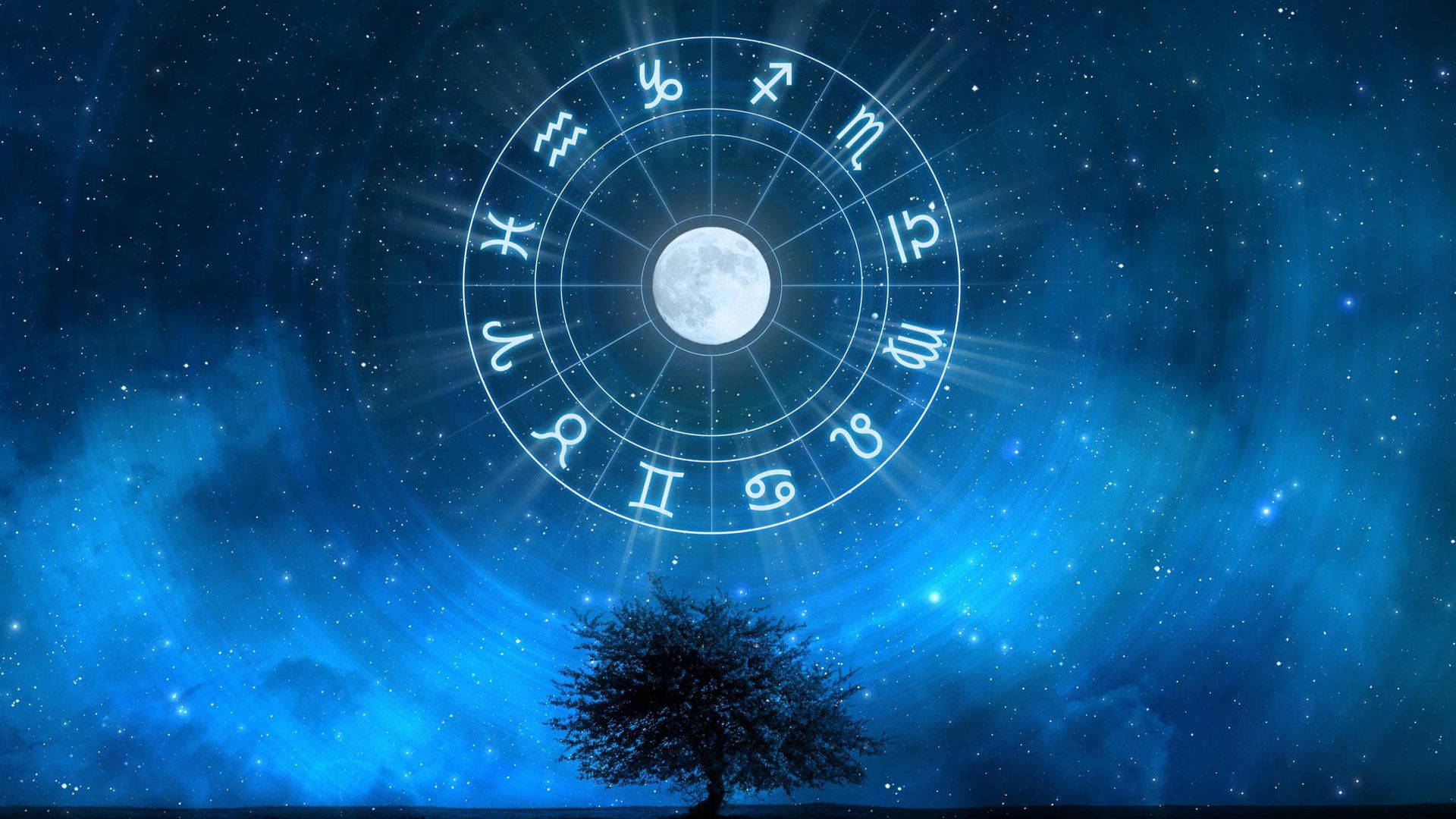 Zodiac Sign Blue Circle On The Sky Above A Tree