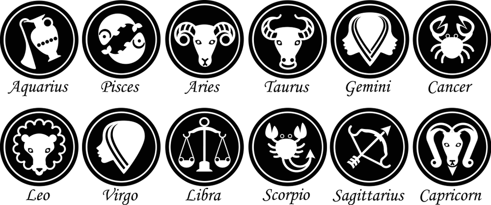 Black circles with white zodiac symbols.