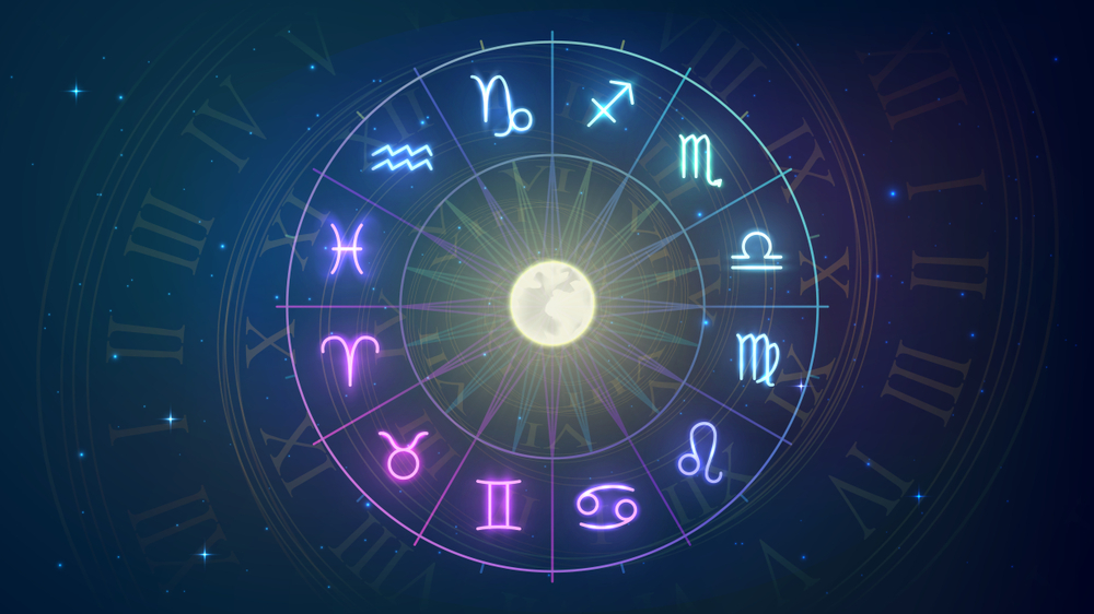 Wheel with twelve signs of the zodiac in night sky