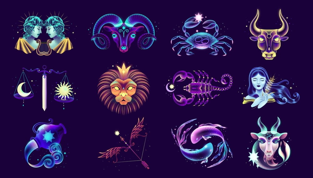 12 Neon zodiac sign symbols