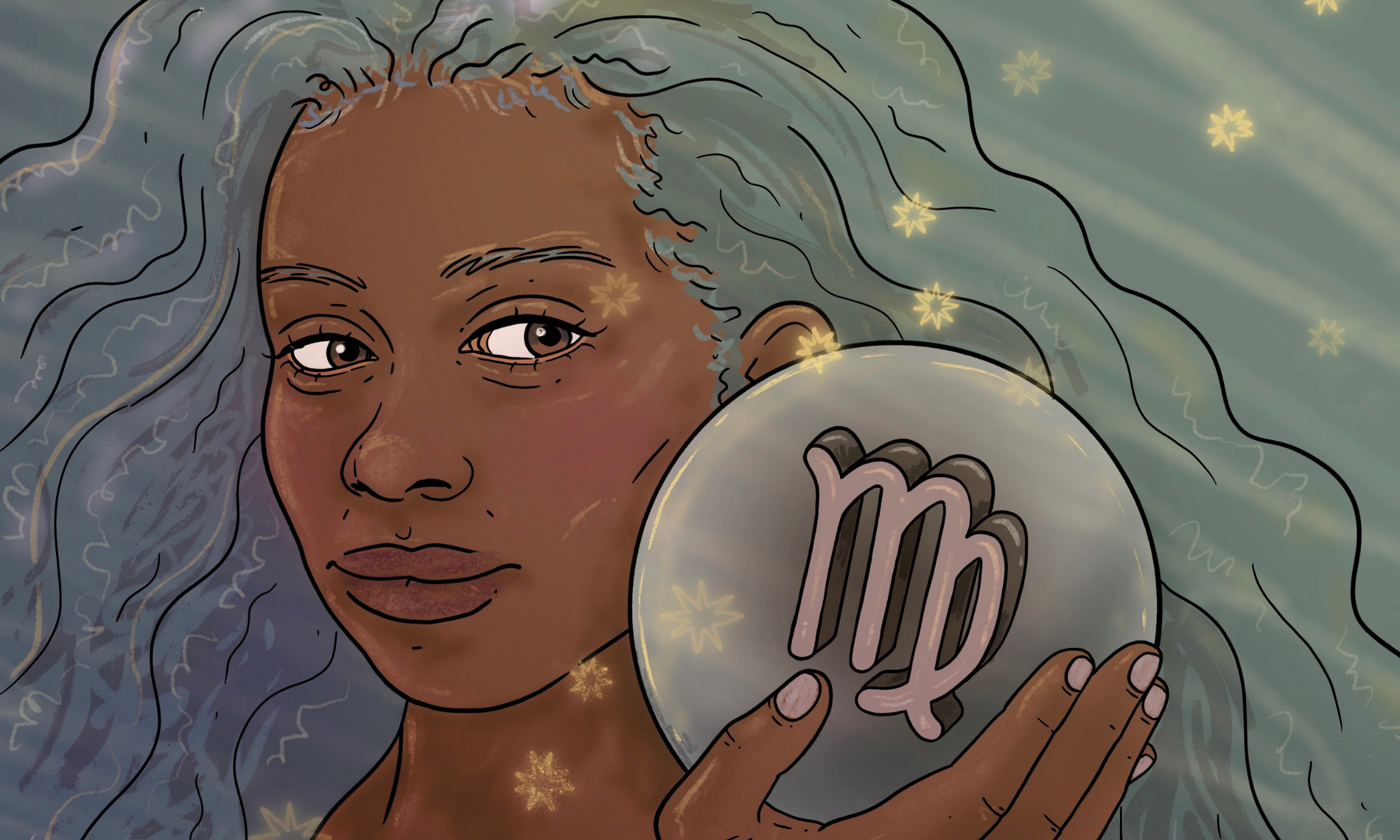 A Woman Holding Crystal Ball With Virgo Sign In It
