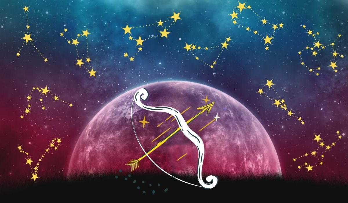 Sagittarius sign with a pink moon in the background