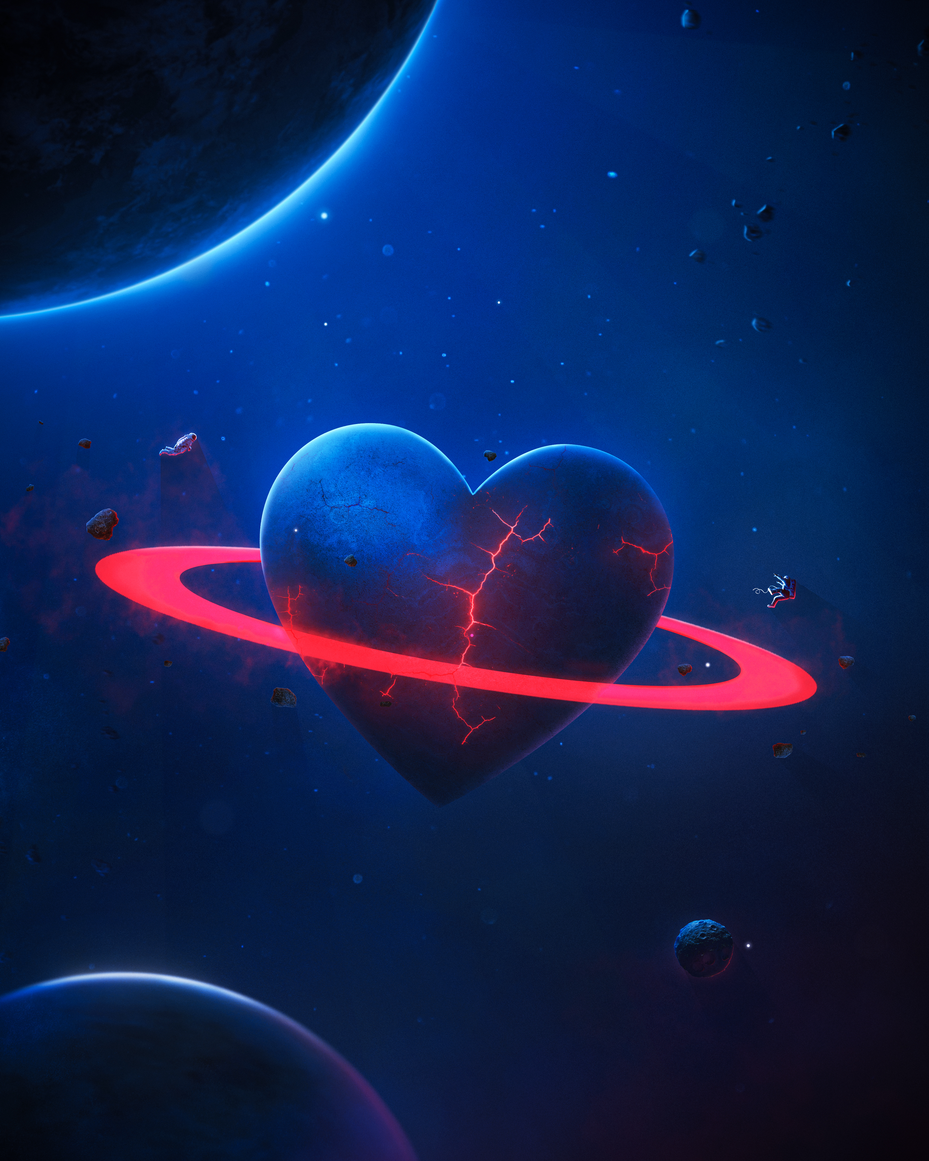A heart shape planet with a ring around it.