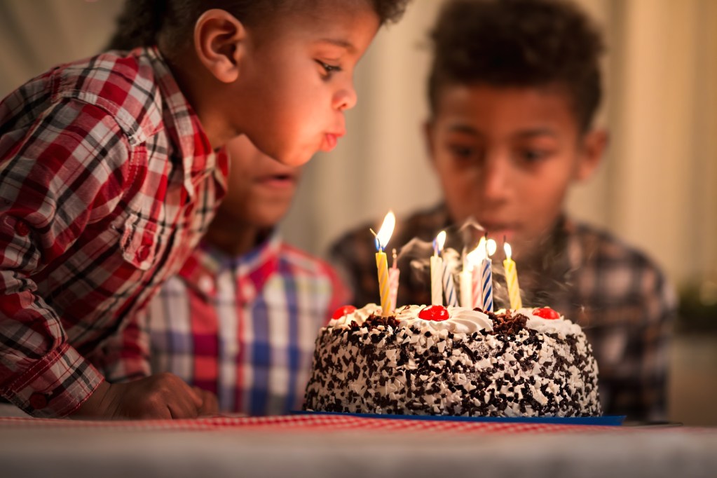 Little boy blowing the candles on a cake.