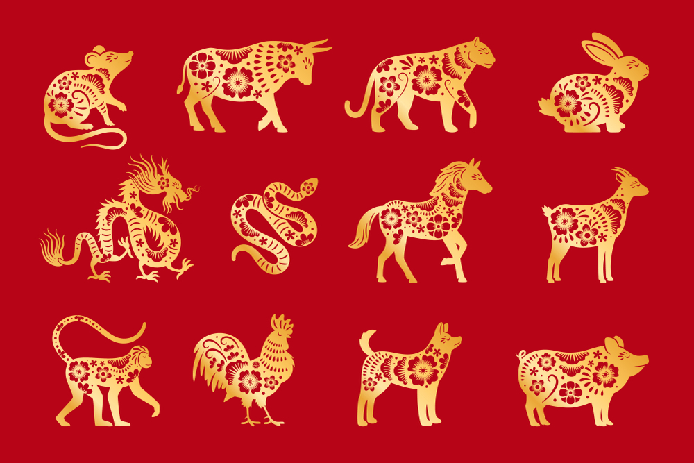 Gold on red chinese horoscope symbols.