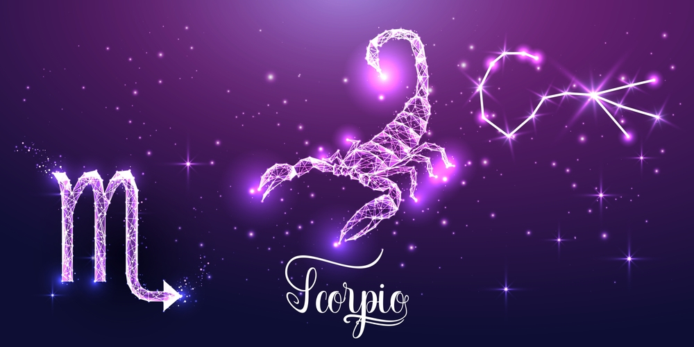 Futuristic Scorpio zodiac sign on dark purple background