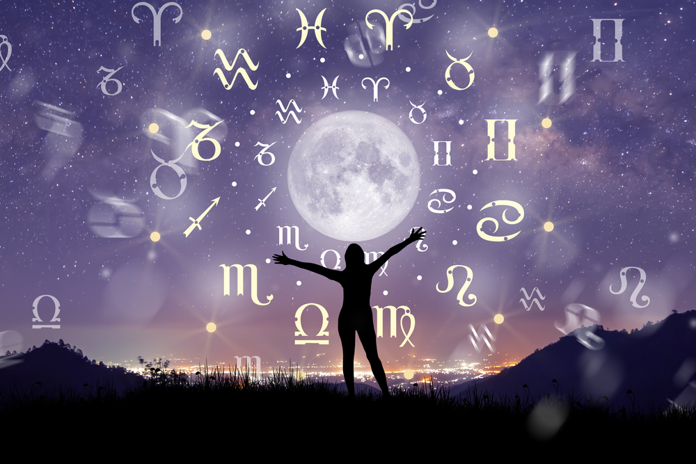 Illustration of Woman silhouette consulting the stars and moon over the zodiac wheel