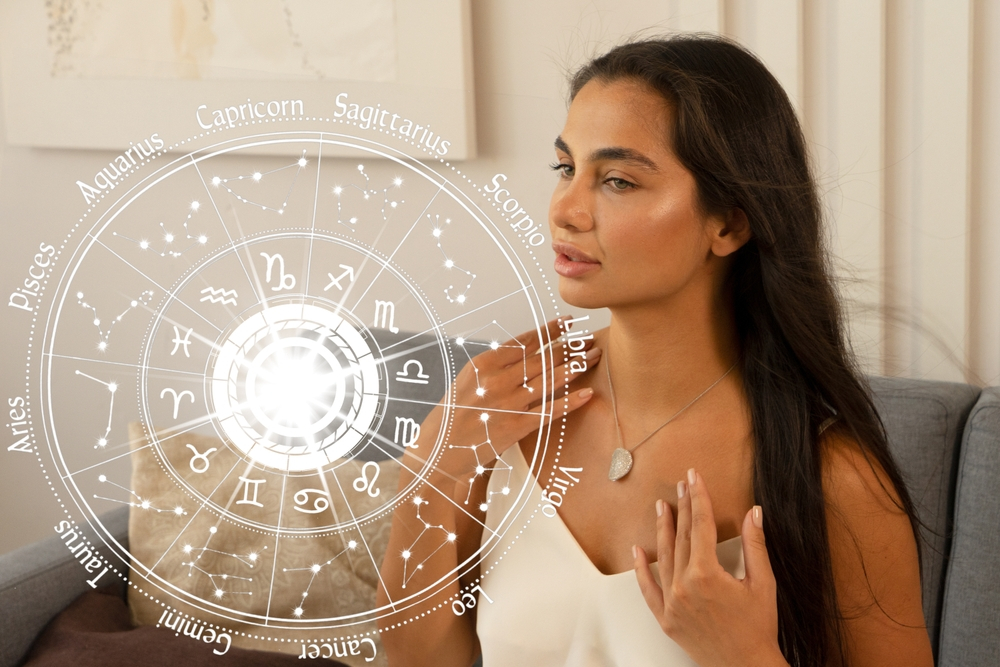 Woman, horoscope chart and astrology zodiac signs