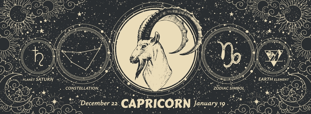 Capricorn zodiac sign, modern astrology banner with symbols