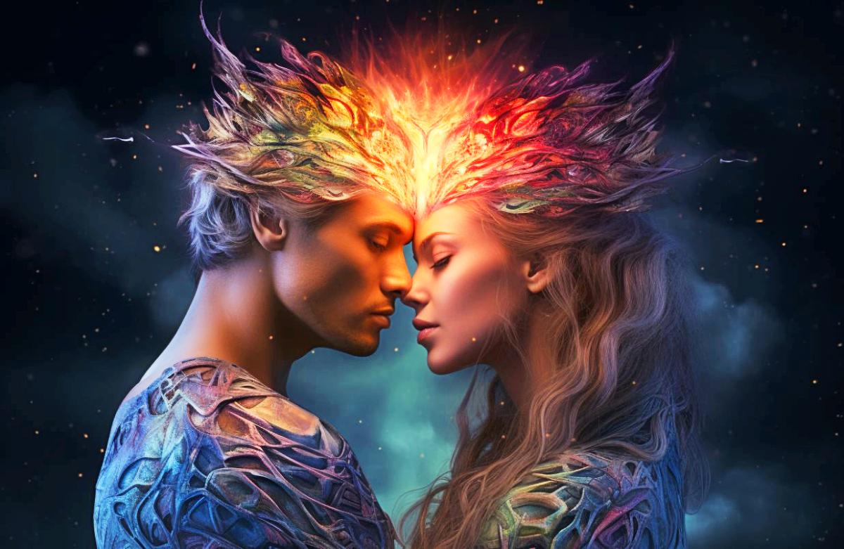 A man and a woman's forehead touching with flames between them